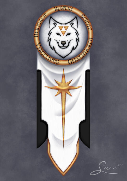 Drawing of a druidic crest featuring antlers from wood and the blades of an axe.