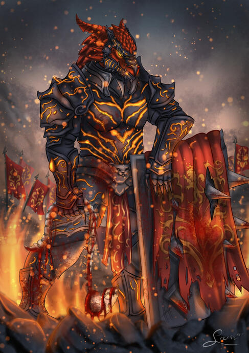 Illustration of a dragonborn warrior with a spiky shield and a spine for a weapon.