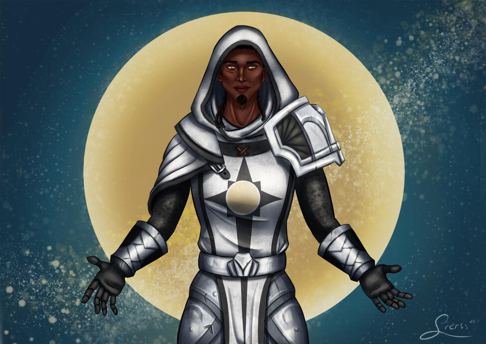 Drawing of a pandaren priest with her bamboo staff hovering next to her while she sips tea.