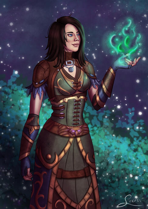 Character art of a voidelf and a mage kissing.