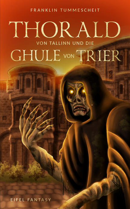 Book cover with a ghould standing in front of a monument.