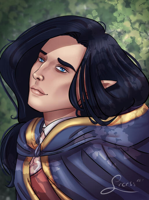 Portrait drawing of a beautiful elf in medieval attire.