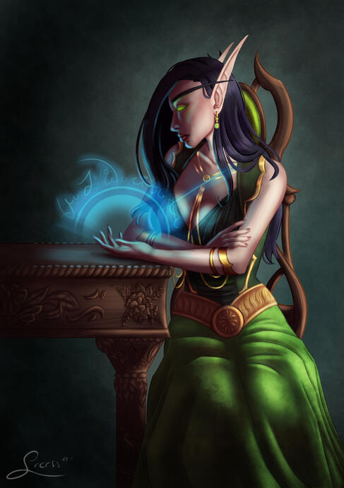 Drawing of a pondering bloodelf looking at a spell she's casting.